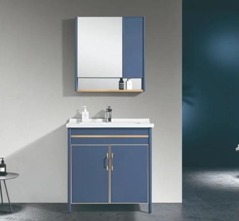 广州铝合金浴室柜定制，砂蓝纹+金色铝合金浴室柜设计